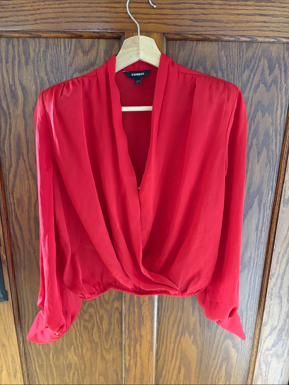 Express Bright Red Wrap Blouse with Draped V-Neck Pearl Buttons Size XS